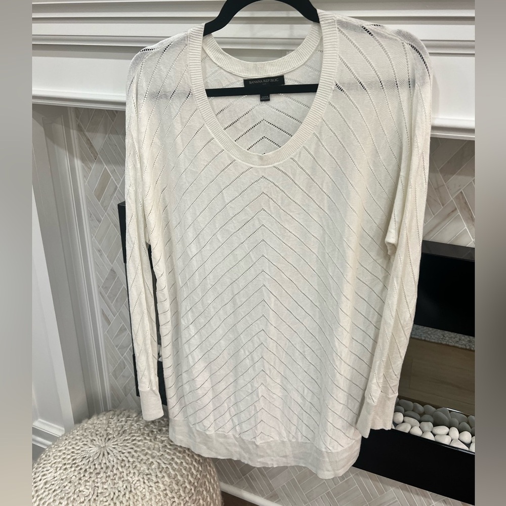 Banana Republic Cream V-Neck Openwork Chevron Lace Knit Sweater Size XL